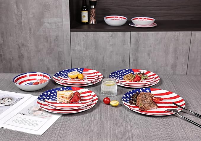 Melamine Dinnerware Sets 12 Pcs Independence Day American Flag Melamine Dinner Plates, Dishes & Bowls Set for 4th July