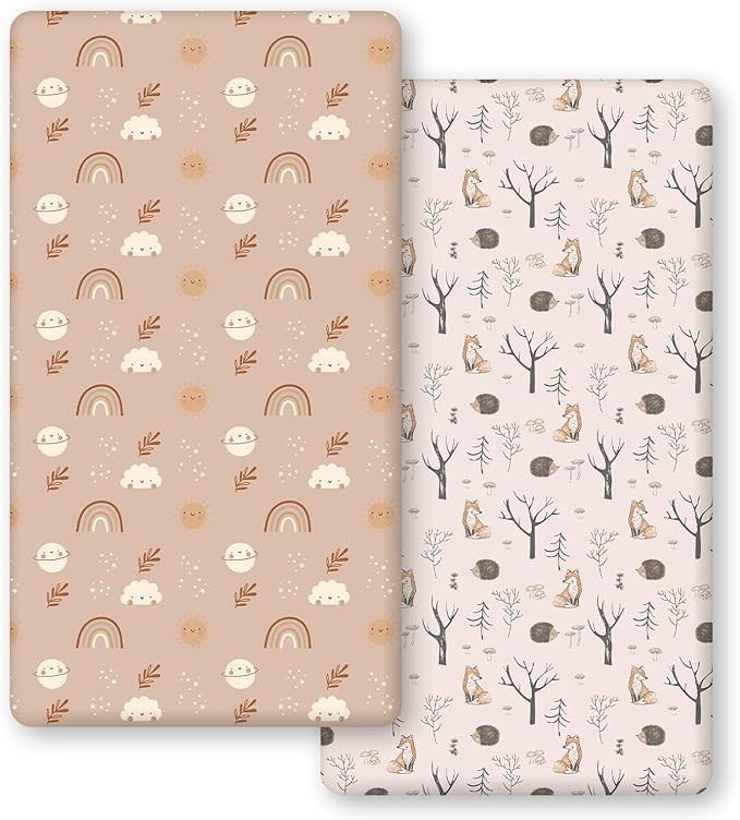 Horaldaily 2 Pack Fitted Crib Sheet for Boys Girls,Soft Breathable Washable Jersey Microfiber Baby Crib Sheet, Fits Standard Size Crib Mattress 28in x 52in, Animals Leaves Nursery Sheet Beige/Orange
