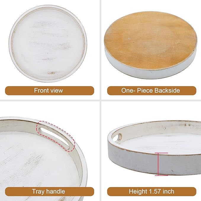Round Wood Decorative Tray, Wooden Tray for Ottoman Coffee Table, White Washed Tray, Rustic Table Centerpiece Trays for Home Kitchen Farmhouse Table Decor (Round)