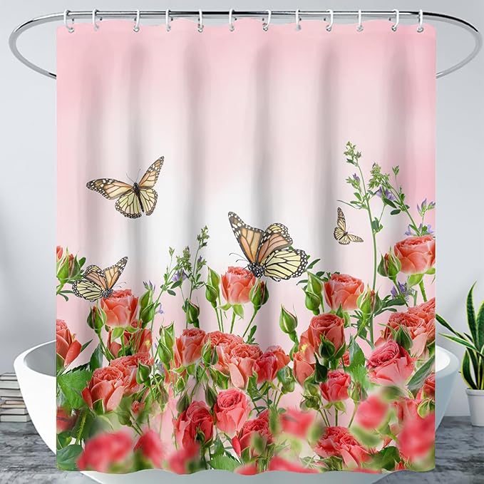 AILONEN Butterfly Shower Curtain for Bathroom, Red Flower Bath Curtain,Flying Butterfly Bathroom Curtain,Polyester Waterproof Bathroom Decor Curtain with 12 Plastic Hooks(72" W*78" H)