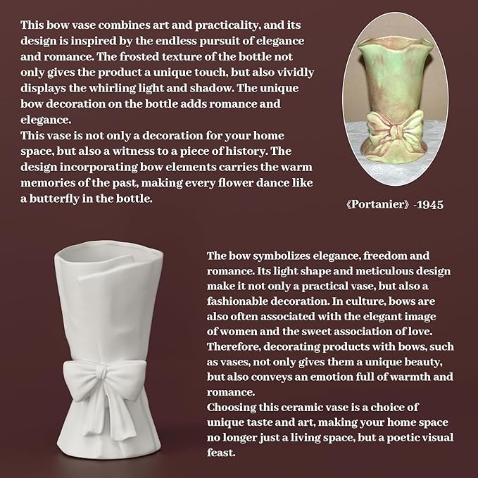 White Ceramic Bow Vase Unique Cute Decorative Bouquet Flower Vases 9.64 in