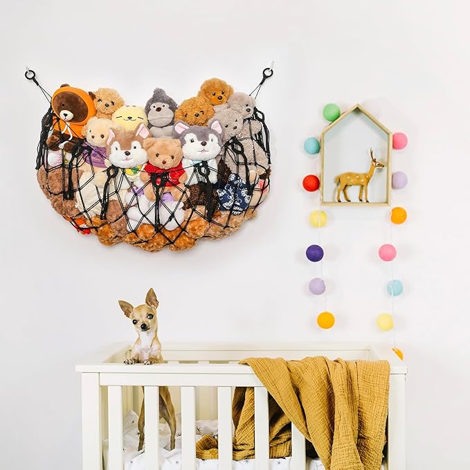Large Stuffed Animal Net Hammock Macrame Toy Diaplay Plush Toy Holder Ceiling Hanging Net for Stuffed Animal Storage Kid Bedroom Boho Nursery Decor (Black, Small)