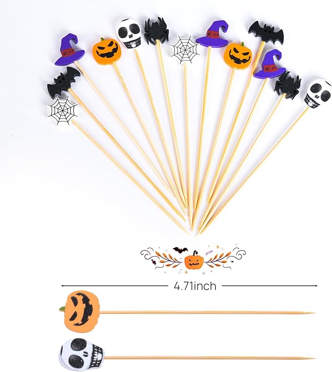 JtmyAota 100 Pack Halloween Toothpicks for Appetizers, 4.7 Inch Natural Bamboo Cocktail Picks for Cake Dessert Food Fruit Halloween Party Decorations