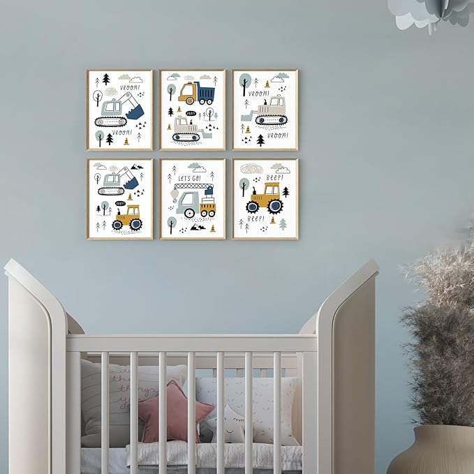 Canssape Set of 6 Baby Boy Nursery Wall Decor | 8"x10"Construction Room Decor for Boys | Truck Wall Art For Kids Room (Unframed)