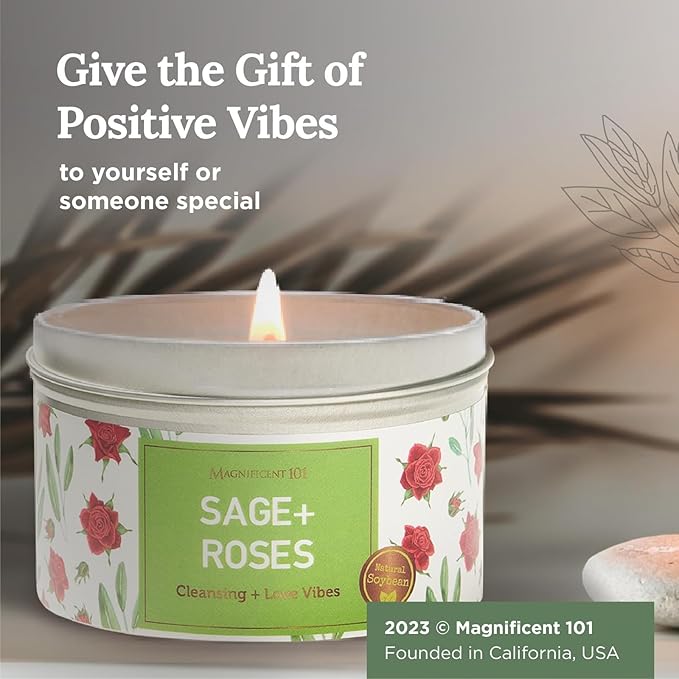 Magnificent 101 Long Lasting Sage + Roses Scented Candle | 6 Oz - 35 Hour Burn | Paraffin Free Soy Candle for House Energy Cleansing, Positive Romantic Aura & Manifestation