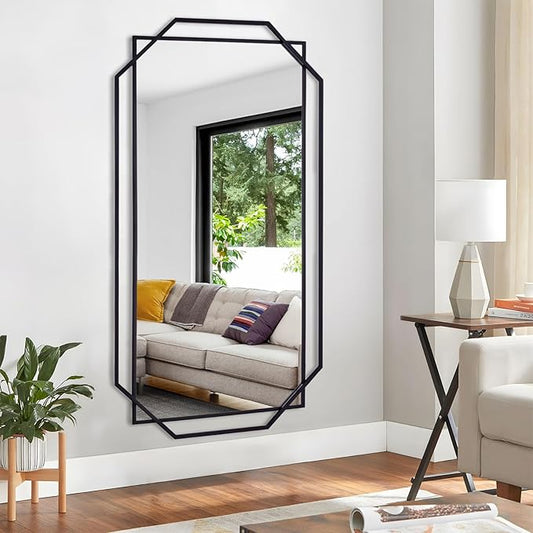 Black Large Wall Mirror, Extra Bathroom Rectangular Mirror with Metal Modern Octagonal Frame, for Entryway,Living Room, Dining Room (60"x30.5")