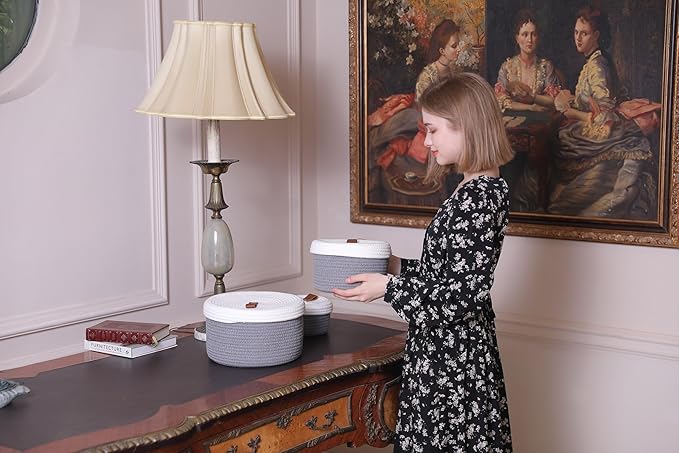 Cottonphant Set of 3 Stylish Round Woven Baskets with Lids - Elegant Storage Solution for Home Decor and Organization - Compact Shelf Baskets (Grey/White Lid, 10"x6"-8"x5"-6"x4")