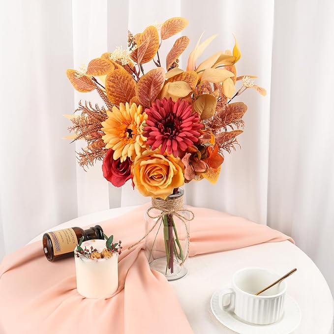 Artificial Fall Flowers for Decoration, Fall Fake Flowers in Vase Faux Silk Flower Arrangements Room Office Wedding Home Decor Indoor Tables Centerpieces Autumn Flowers Decor (Fall Flowers)