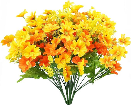 Uieke Artificial Fake Flowers, 6 Bundles Daisy Mums Flowers Outdoor UV Resistant No Fade Greenery Shrubs Plants Indoor Outside Hanging Planter Home Wedding DIY Garden Porch Décor (Orange Yellow)