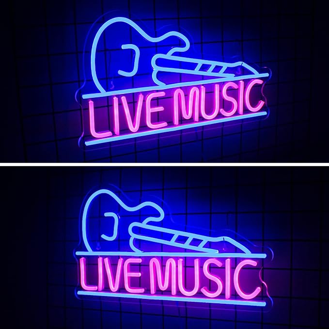 Guitar Neon Signs for Wall Decor, Live Music Neon Lights for Bedroom, Guitar Led Light up Sign with USB Powered for Party, Bar, Club