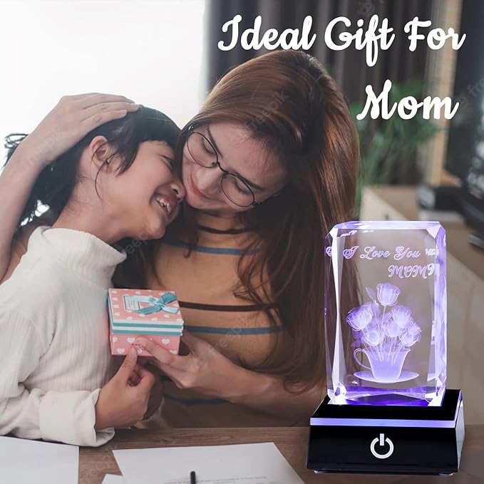 Movdyka 3D Crystal Rose Flower Figurine I Love You Mom Gifts for Her, Birthday Unique Gift for Mom from Daughter or Son with Light Base