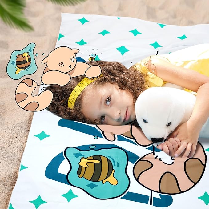 Kids Beach Towel - Cute Day Dream Bear Design, Soft and Absorbent, Perfect for Bath, Pool, and Beach - Embrace Playful Imagination and Comfort