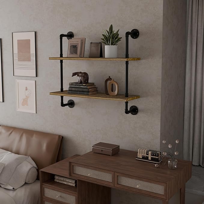 2 Tier Industrial Wall Shelves,32 inch Industrial Pipe Shelf with Solid Wood Plank,Kitchen Shelves Wall for Farmhouse,Wall Mounted Pipe Shelving for Bathroom