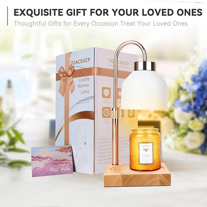 Candle Warmer Lamp with 3 Bulbs, Adjustable Height Dimmable Candle Warmer with Timer, Compatible with Large Jar Candles, Candle Lamp with Charming Gift Box Ribbon for Her/Him(White)