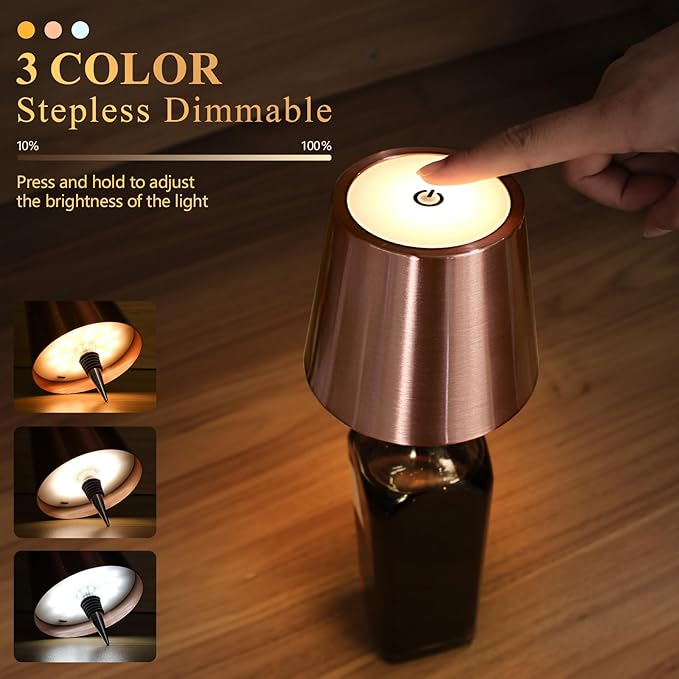 Wine Bottle Lamp, 2025 New 3 Color Rechargeable Wireless Bottle Lamp for Liquor Bottles with Touch Dimming for Parties, Restaurants & Home Decor (Rose Gold)