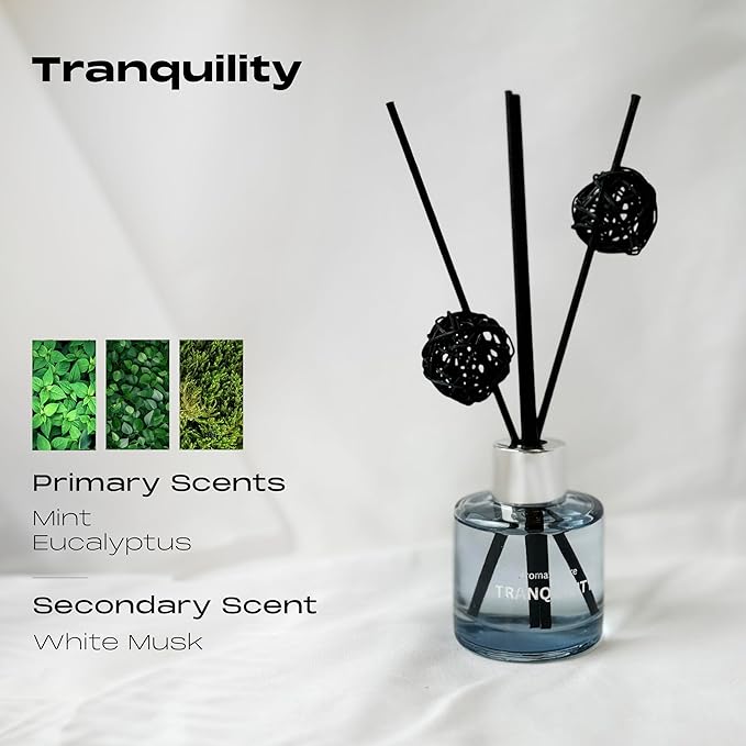 Reed Diffuser Set of 3, Eucalyptus Jasmine Lemongrass Aromatherapy Fragrance Oil | 12 Black Reed Sticks and 6 Rattan Balls, 3 x 50ML | Home, Office, Bathroom, Bedroom Essentials | AromaSphere