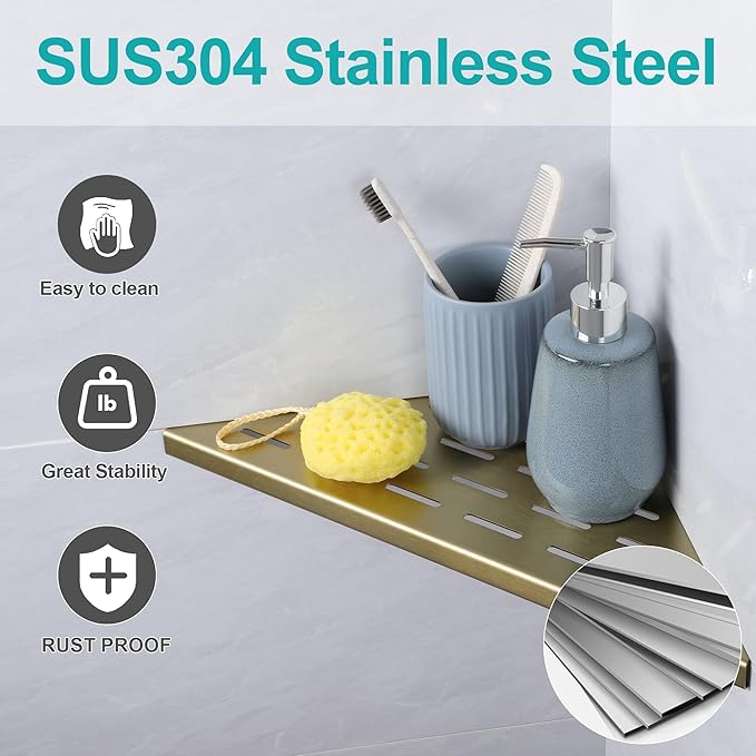 12" Corner Shower Shelf, 2-Pack Bathroom Shelves for Tile Walls, SUS304 Stainless Steel Recessed Shower Shelf, Grout in Corner Organizer Shelves, Brushed Gold, Large Size