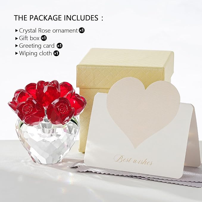 Crystal Flower Figurines - Glass Rose Home Decor - Romantic Flower Bouquet for Women（Red）