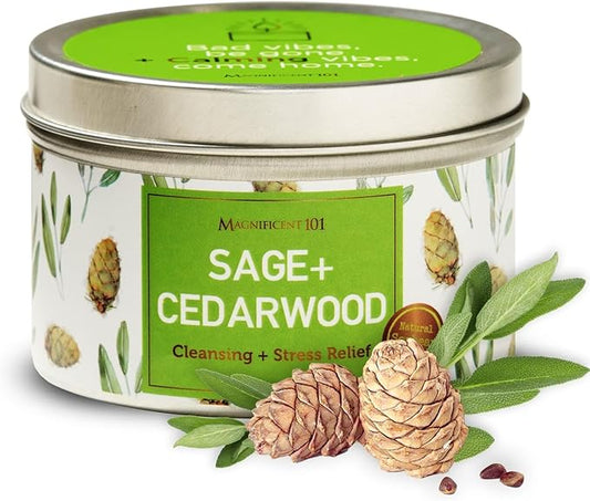 Magnificent 101 SAGE + Cedarwood Aromatherapy Candle for House Energy Cleansing and Stress Relief, Banishes Negative Energy I Purification and Chakra Healing - Natural Soy Wax Tin Candle - 6oz