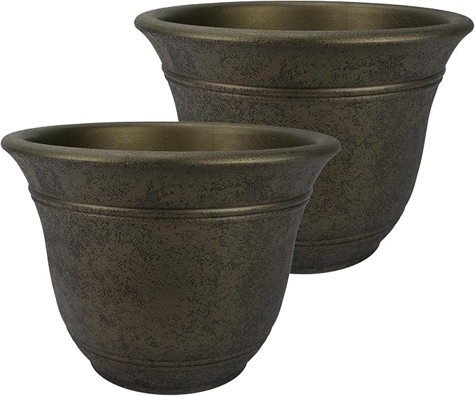 The HC Companies Sierra Round Self-Watering Pot - Lightweight Plastic Planter for Herbs & More - Durable Plant Pots for Indoor Plants & Outdoor Plants (10” Celtic Bronze, Pack of 2)