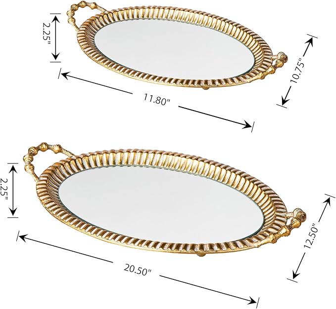 Glitzhome Set of 2 Oversized Vintage Gold Mirror Decorative Trays with Handles, Oval Metal Vanity Jewelry Tray Perfume Dresser Tray, Elegant Jewelry Organizer Makeup Trays