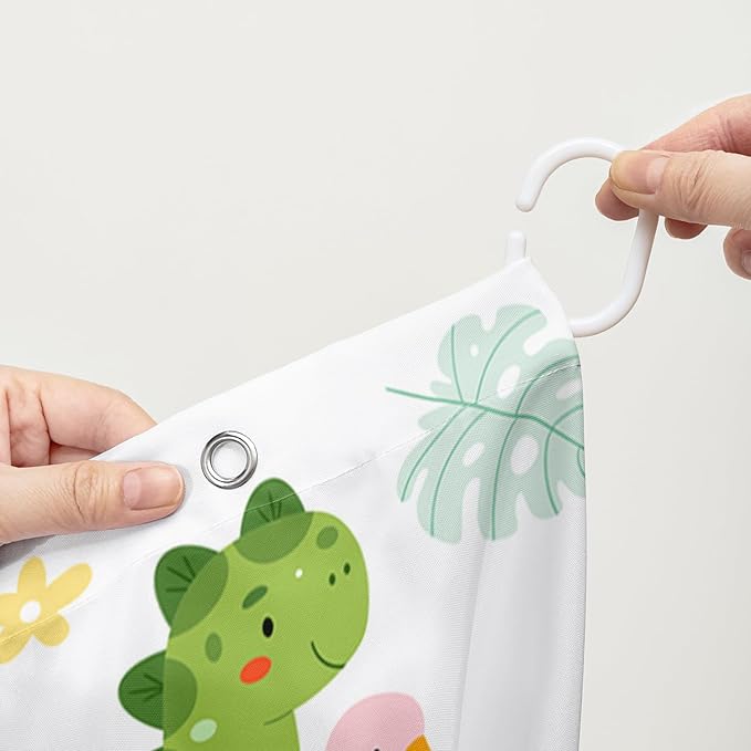 AILONEN Dinosaur Shower Curtain for Boys, Cute Green Kids Bath Curtain 72" W*78" H,Tropical Leaves Funny Dinosaur Curtain with 12 Plastic Hooks