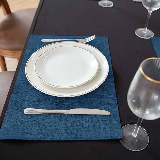Linen Placemats Set of 8, Machine Washable, Heat Resistant, Wrinkle Free, Thick Polyester Kitchen Place Mats for Dining Table (Navy Blue)