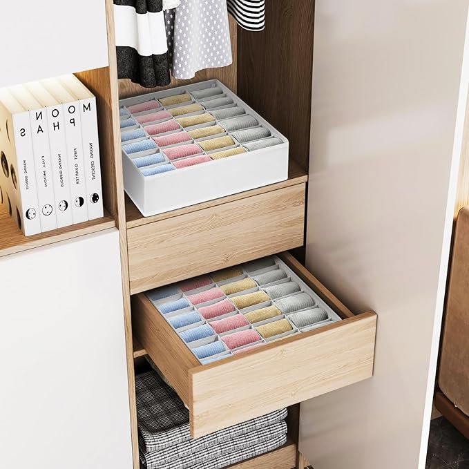 Joyoldelf Sock Organizer Drawer Organizer - 2 Packs Underwear Organizer, 48 Cells Collapsible Closet Organizers and Storage Sock Holders Organizers for Storing Socks, Ties, Belts(White)