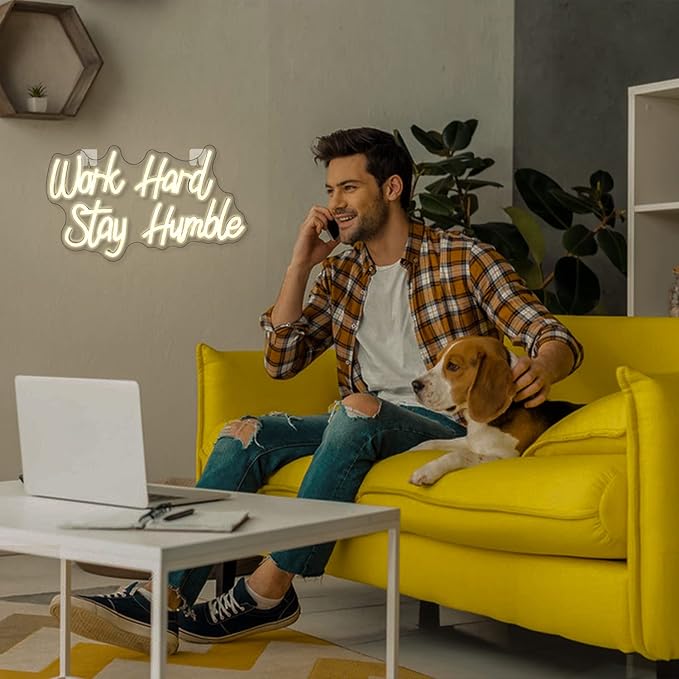 NOSUN Work Hard Stay Humble Neon Sign Warm White Neon Signs for Wall Decor with Dimmable Office LED Neon Signs Motivational Neon Lights for Bedroom Office Wall Apartment Study Decor Light Up Sign