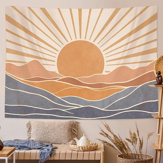 Lunerfex Boho Sun Tapestry Sunset Wall Tapestry, Mountain Tapestries for Bedroom 80s Tapestries Wall Hanging for Bedroom Living Room Wall Decor Boho-3 70"x90"