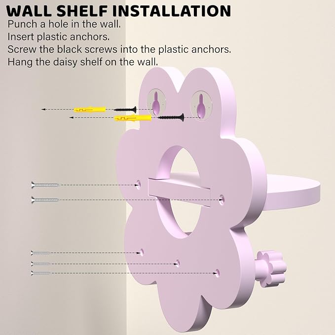 Floating Shelf for Wall, Hanging Display Wall Shelf with Hooks Wooden Daisy Flower Shelf for Bathroom Living Room Bedroom Wall Decor, Pink