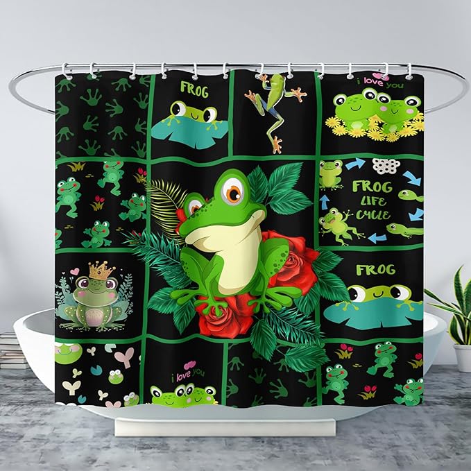 AILONEN Cartoon Frog Shower Curtain 36" W*72" H,Funny Frog Cartoon Green Animal Shower Curtain,Frog Lover Curtain Bathroom Decor Shower Curtain with 12 Hooks
