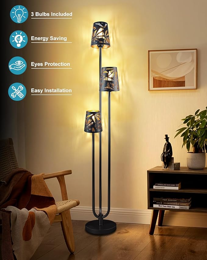 63IN Floor Lamp with Metal Shade, Unique 3 Black Poles Tall Standing Lamps, 3000K Warmwhite Mid Century Modern Floor Lamp for Living Room Home Office(Bulbs Included)