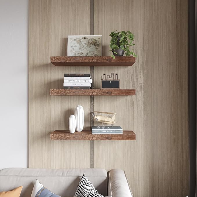 Floating Shelves Wall Shelf Solid Wood Mounted Storage for Bedroom Living Room Set of 3, Rustic Brown Wall Shelves