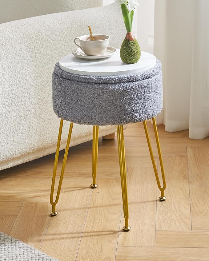 IBUYKE Teddy Velvet Storage Footrest Stool Ottoman, Makeup Vanity Stool Side Table with Removable Cover, Golden Steel Legs, Coffee Table Top Cover, Gray WBD010G