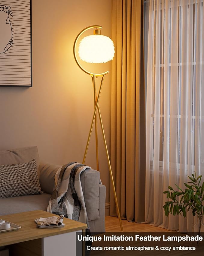 Modern Floor Lamp with Arc Imitation Feather Lampshade, Gold Metal Standing Lamp with Bulb Included, Vintage Tall Reading Light for Living Room, Bedroom,Office