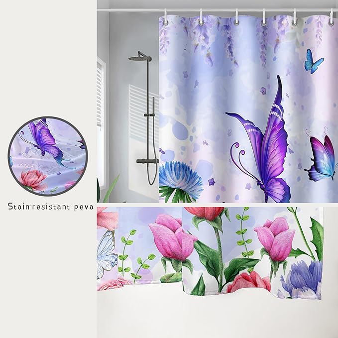 AILONEN Girls Butterfly Shower Curtain for Bathroom,Colorful Floral Flower Purple Watercolor Butterfly Printed Bath Curtain 72" W*78" H Polyester Fabric Waterproof Bathroom Curtain with 12 Hooks