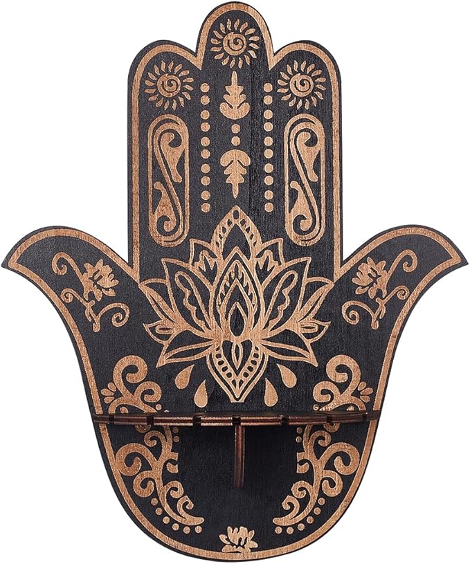 CREATCABIN Hamsa Crystal Display Shelf Hamsa Hand Wooden Wall Decor Crystal Holder Shelves Lotus Wall Mounted Floating Shelf Stand for Witch Stuff Altar Supplies Spiritual Gift Black 9.8 x 11.8Inch