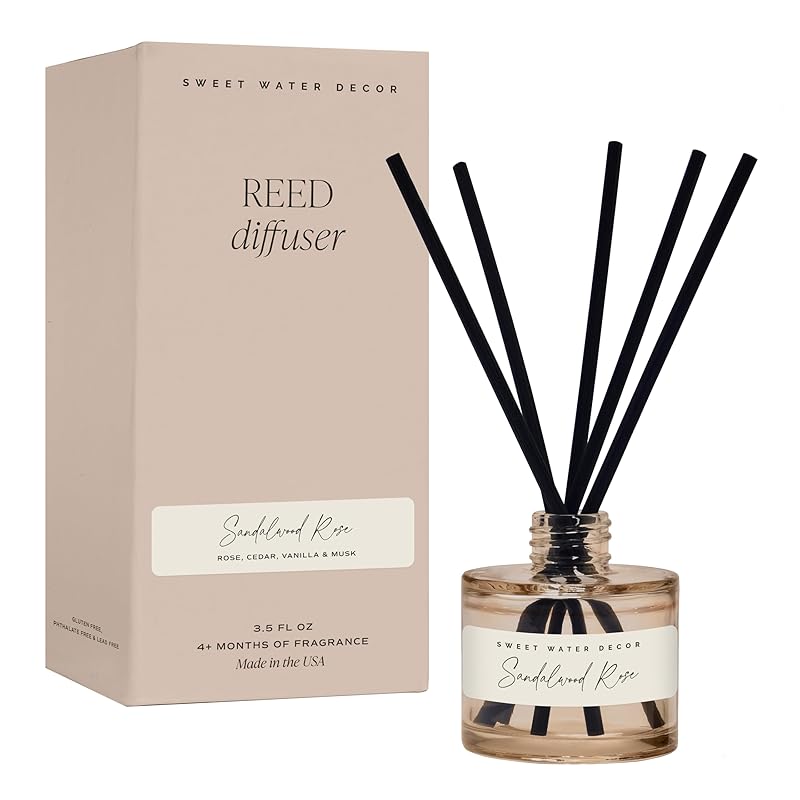 Sweet Water Decor Sandalwood Rose Reed Diffuser – Room Decor Aesthetic with Long-Lasting Premium Fragrance of Green, Leafy, Winey, Rose, Guaiac Wood, and Musk for 4 Months – Ideal for Home Decor