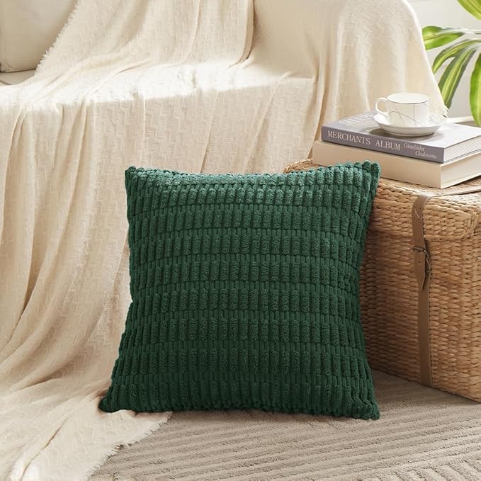 Fancy Homi Set of 4 Dark Green Boho Decorative Throw Pillow Covers 20x20 Inch for Couch Bed Sofa, Aesthetic Modern Bohemian Room Decor, Soft Fuzzy Fluffy Cozy Corduroy Textured Cushion Case 50x50cm