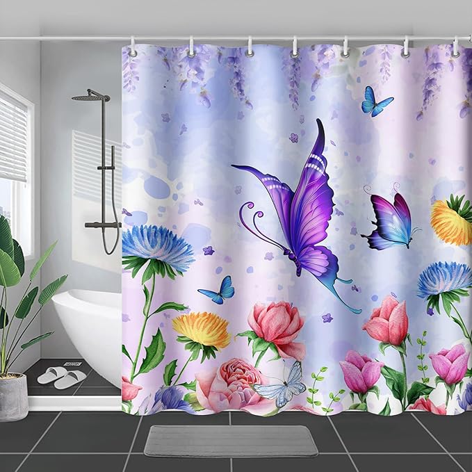 AILONEN Girls Butterfly Shower Curtain for Bathroom,Colorful Floral Flower Purple Watercolor Butterfly Printed Bath Curtain 72" W*72" H Polyester Fabric Waterproof Bathroom Curtain with 12 Hooks