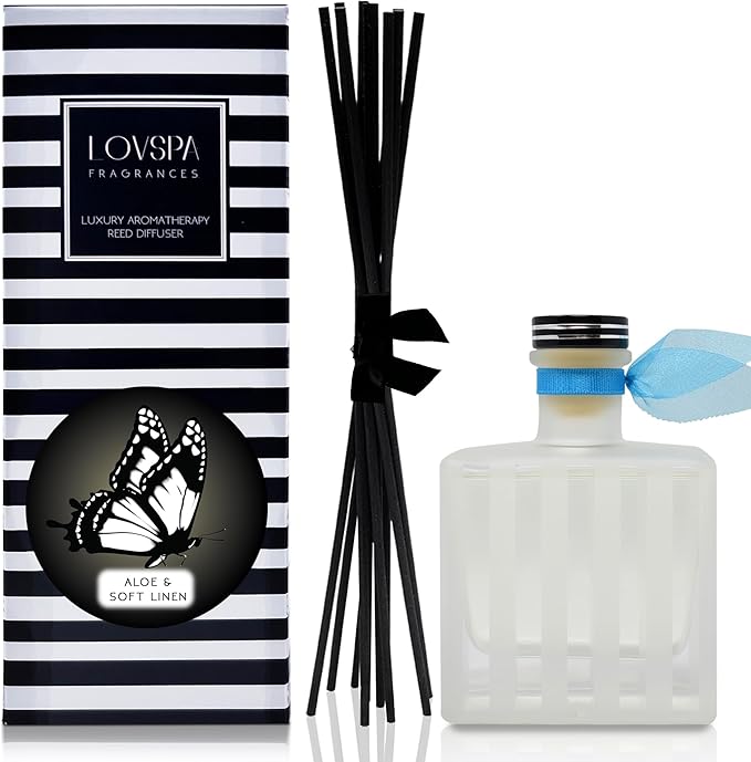 LOVSPA Aloe & Linen Reed Diffuser Set - Clean Scent Diffuser for Home with Long Lasting Fragrance - Non-Toxic Oil Reed Diffuser - Made in The USA