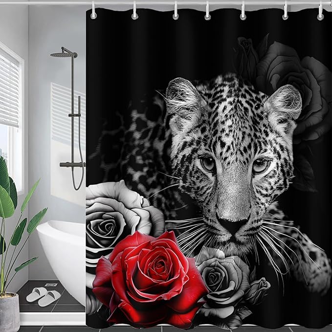 AILONEN Grey Leopard Shower Curtains for Women,Rose Leopard Bath Curtains Gifts for Lover,Polyester Waterproof for Bathroom with 12 Plastic Hooks 72" W*96" H Grey