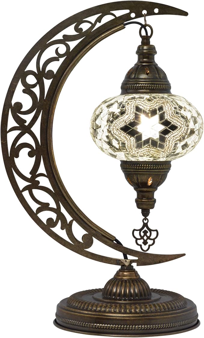 mozaist Turkish Lamp, Moon Shaped Mosaic Table Lamp, Tiffany Desk Bedside Stained Glass Lamp with US Plug and E12 Socket
