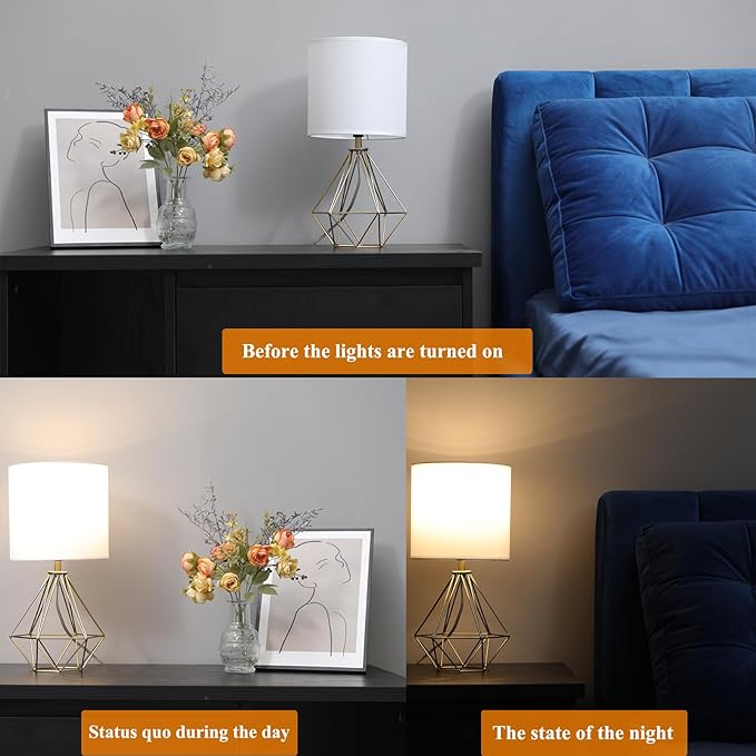 COTULIN Gold Modern Small Table Lamp for Bedroom & Living Room - Geometric Metal Base, White Fabric Shade, Ideal for Bedside & Kids' Desk, Nightstand Lamp