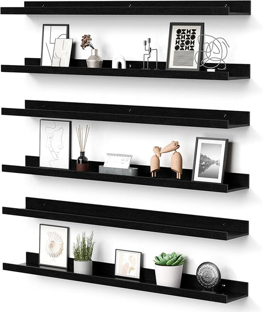 upsimples Floating Shelves for Wall, Wall Shelves for Decor Storage Set of 6, Wall Mounted Wood Shelves for Bedroom, Living Room, Bathroom, Kitchen, 35.5 inch Long Picture Ledge Shelves, Black