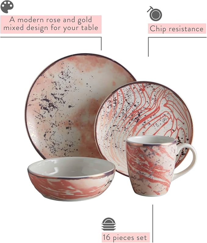 Corona 16-piece Rose Gold Modern Design Ceramic Dinnerware Sets | Plates, Bowls and Mugs | Service For 4 | Amani