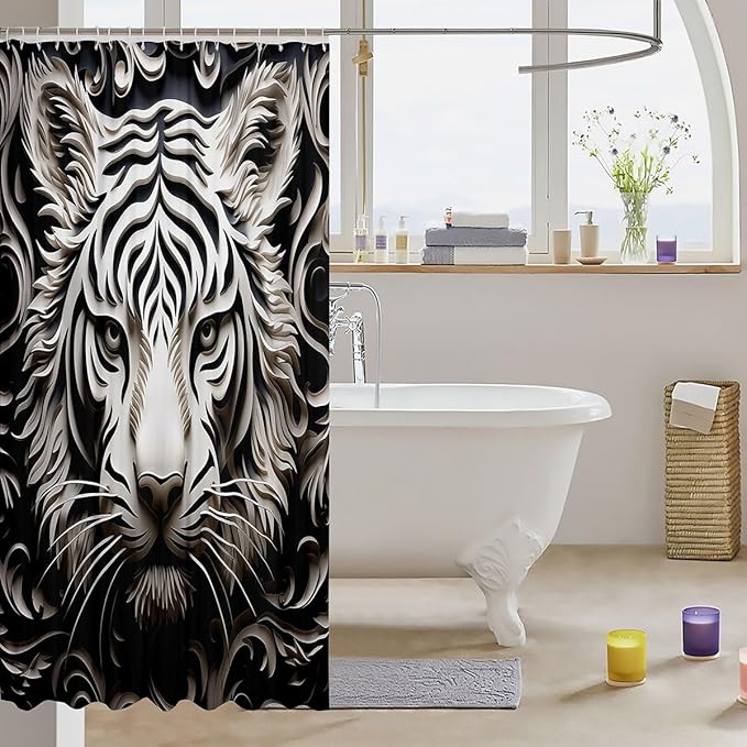 Feelyou Leopard Fabric Shower Curtain for Girls Boys Adult Damask Leopard Bathroom Waterproof Accessories with 12 Hooks Black White Shower Curtain Animal Print Curtains,72x84 Inches