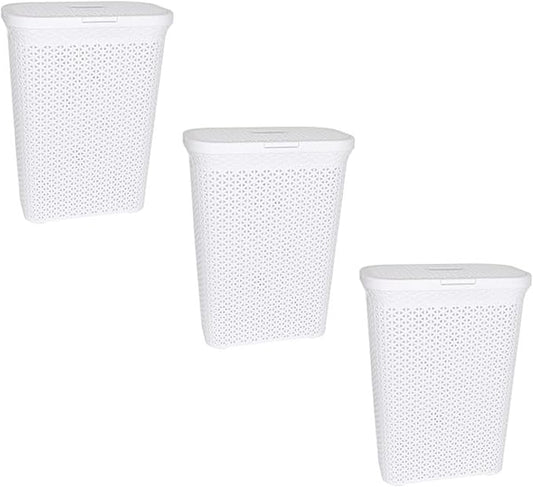 YBM Home Plastic Rattan Laundry Hamper Basket with Hinged Lid, Ventilation Holes, Durable, Lightweight Bin With Cutout Handles, Storage Dirty Clothes, Space Saver, 10.5" x 17.5" x 23.75", White,3-Pack
