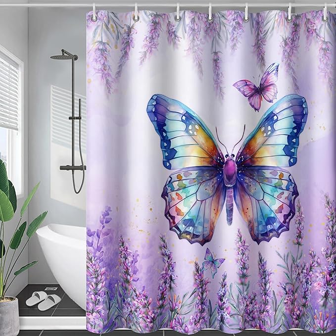 AILONEN Butterfly Shower Curtain for Bathroom, Purple Lavender Bath Curtain Decor,Flower Butterfly Waterproof Shower Curtain with 12 Plastic Hooks (Kids/Girls/Women/Teens) 72" W*84" H
